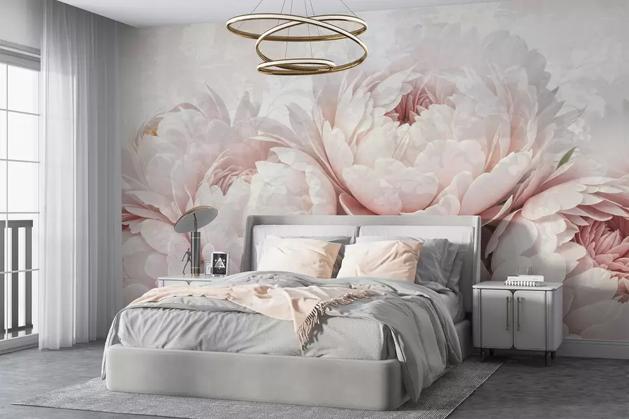 murais de parede Peônias rosa suave com pétalas delicadas em um fundo vintage com textura clara w08312