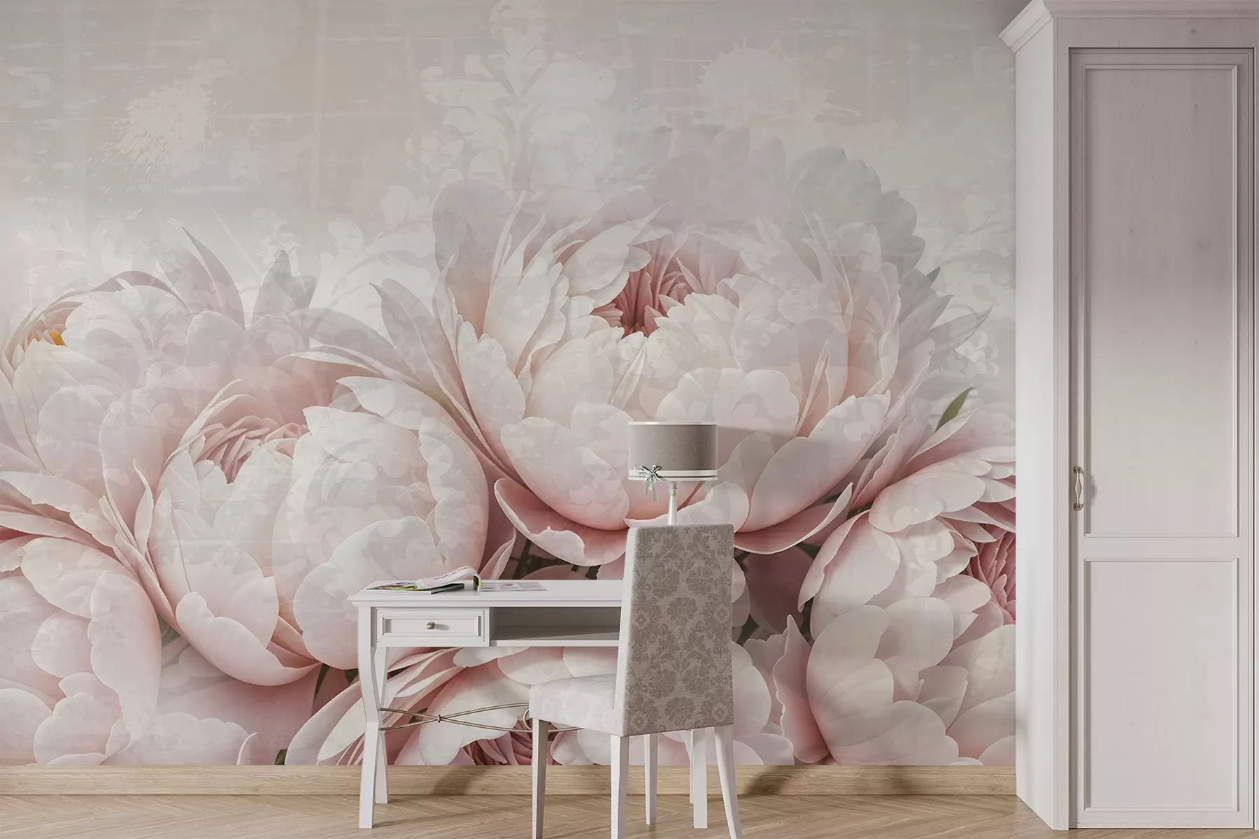 murais de parede Peônias rosa suave com pétalas delicadas em um fundo vintage com textura clara w08312