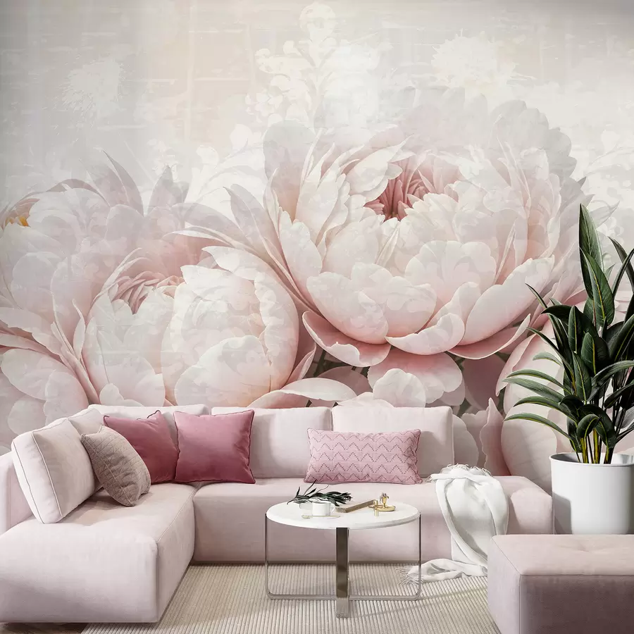 murais de parede Peônias rosa suave com pétalas delicadas em um fundo vintage com textura clara w08312