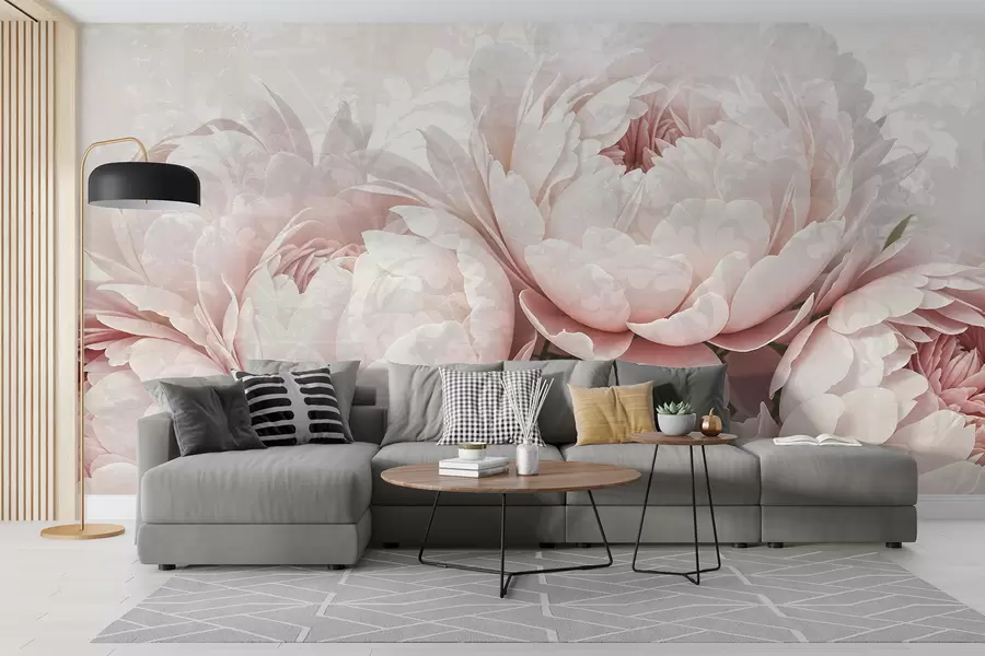 murais de parede Peônias rosa suave com pétalas delicadas em um fundo vintage com textura clara w08312