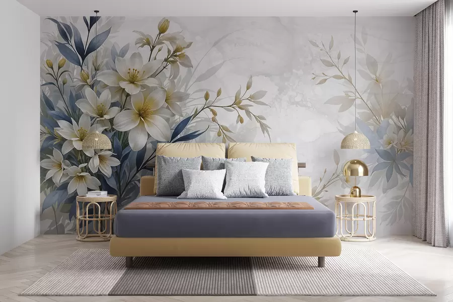 murais de parede Buquê floral branco, bege e azul com folhas delicadas em um fundo suave e desfocado w08314