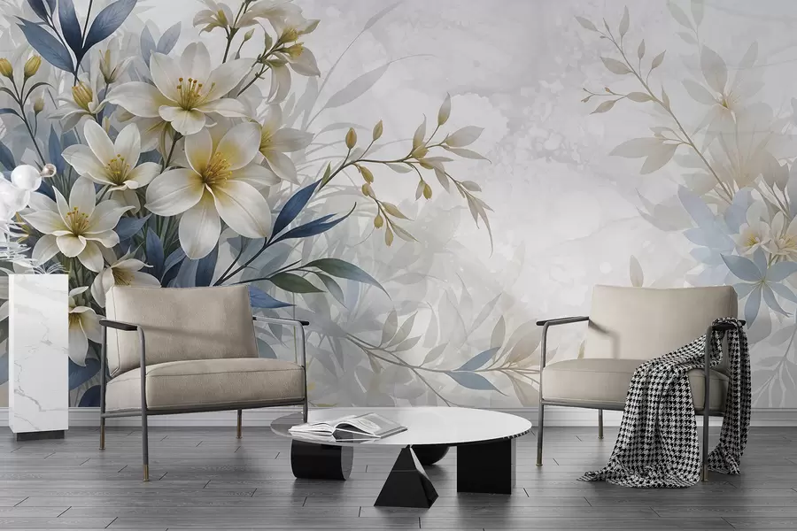 murais de parede Buquê floral branco, bege e azul com folhas delicadas em um fundo suave e desfocado w08314