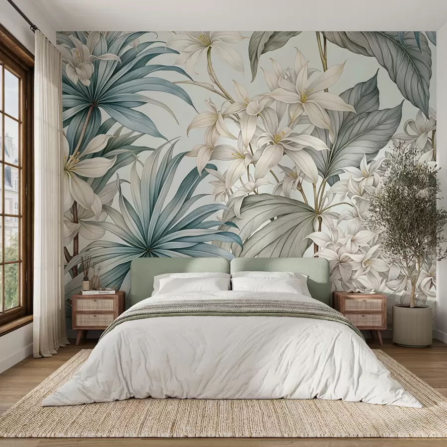 murais de parede Uma estampa floral tropical com grandes flores brancas e azuis claras, folhas verdes e um fundo neutro w08318