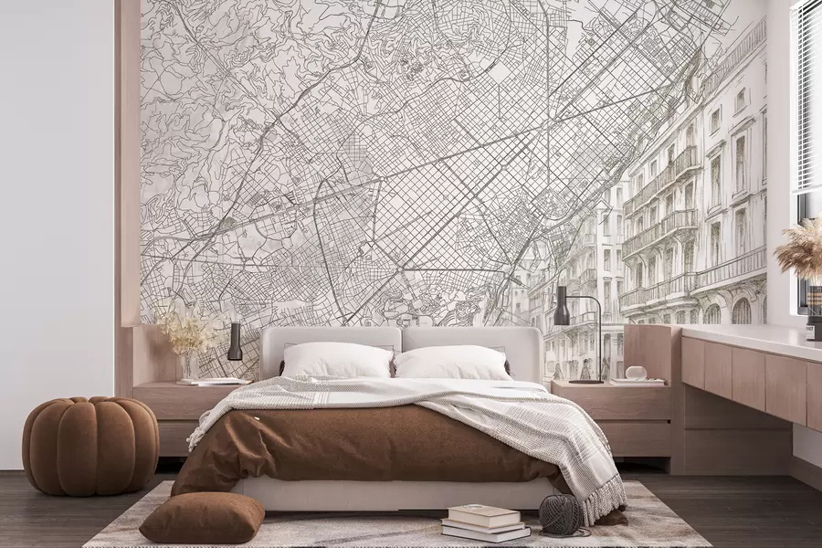 murais de parede Mapa da cidade de Barcelona, desenho de linha, arquitetura, Espanha, cores bege w01695