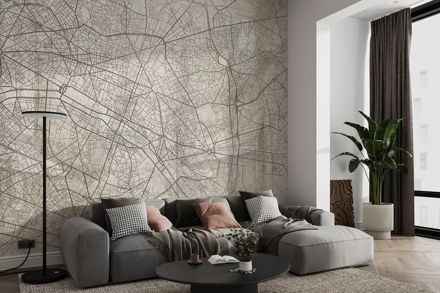 murais de parede Mapa da cidade de Paris, desenho de linha, arquitetura, França, cores bege w01697