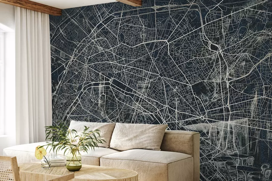 murais de parede Mapa da cidade de Paris, desenho de linha, arquitetura, França, cores escuras w01697v1