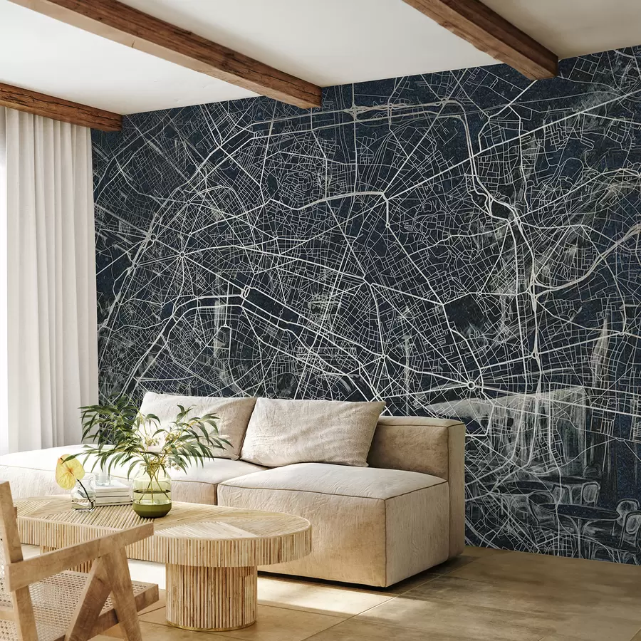 murais de parede Mapa da cidade de Paris, desenho de linha, arquitetura, França, cores escuras w01697v1