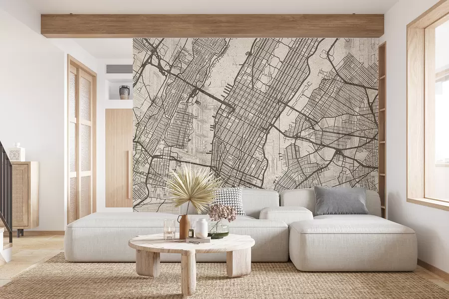 murais de parede Mapa da cidade de Nova York, desenho de linha, arquitetura, cores bege w01699