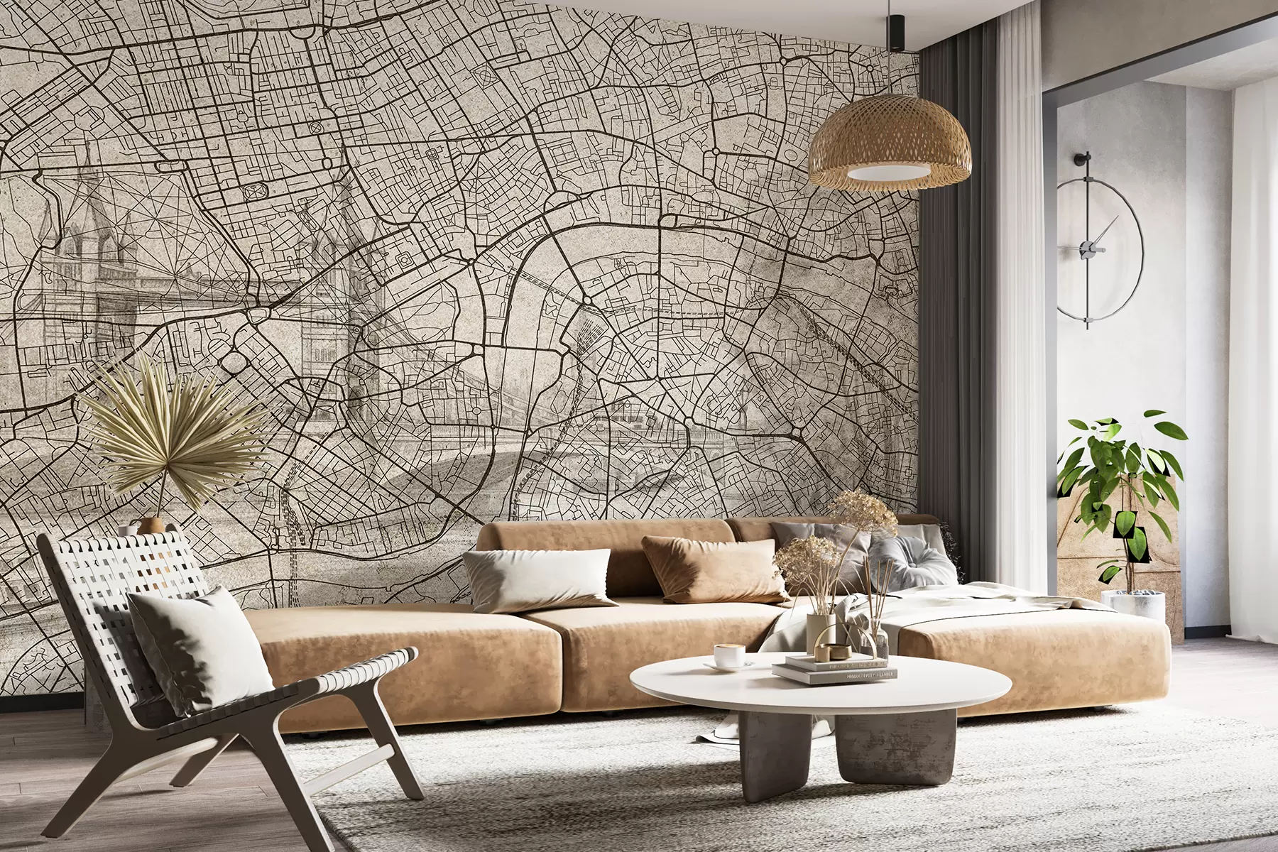 murais de parede Mapa da cidade de Londres, desenho de linha, arquitetura, cores bege w01702