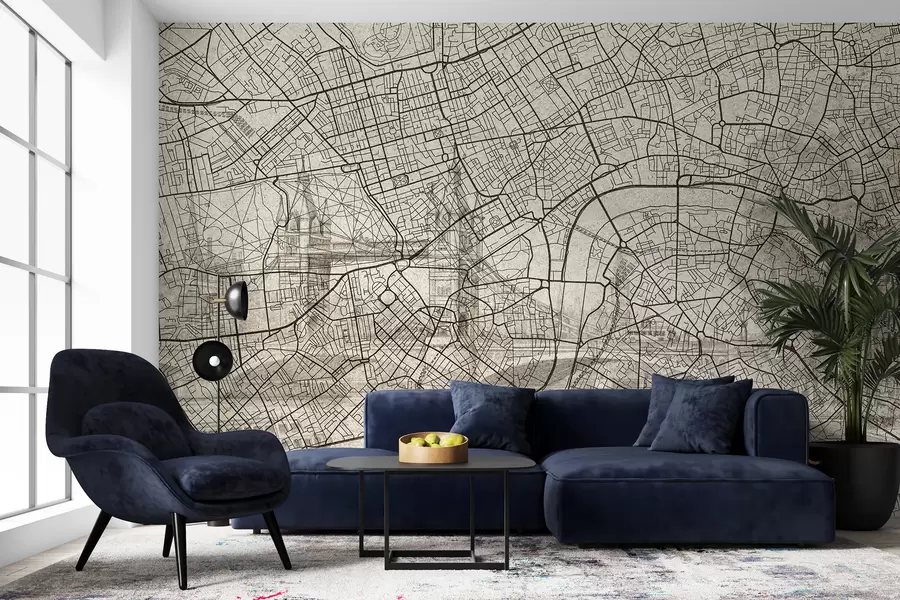 murais de parede Mapa da cidade de Londres, desenho de linha, arquitetura, cores bege w01702