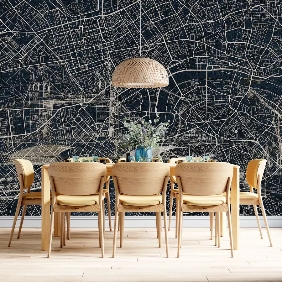 murais de parede Mapa da cidade de Londres, desenho de linha, arquitetura, cores escuras w01702v1