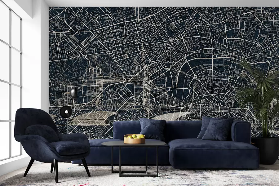 murais de parede Mapa da cidade de Londres, desenho de linha, arquitetura, cores escuras w01702v1