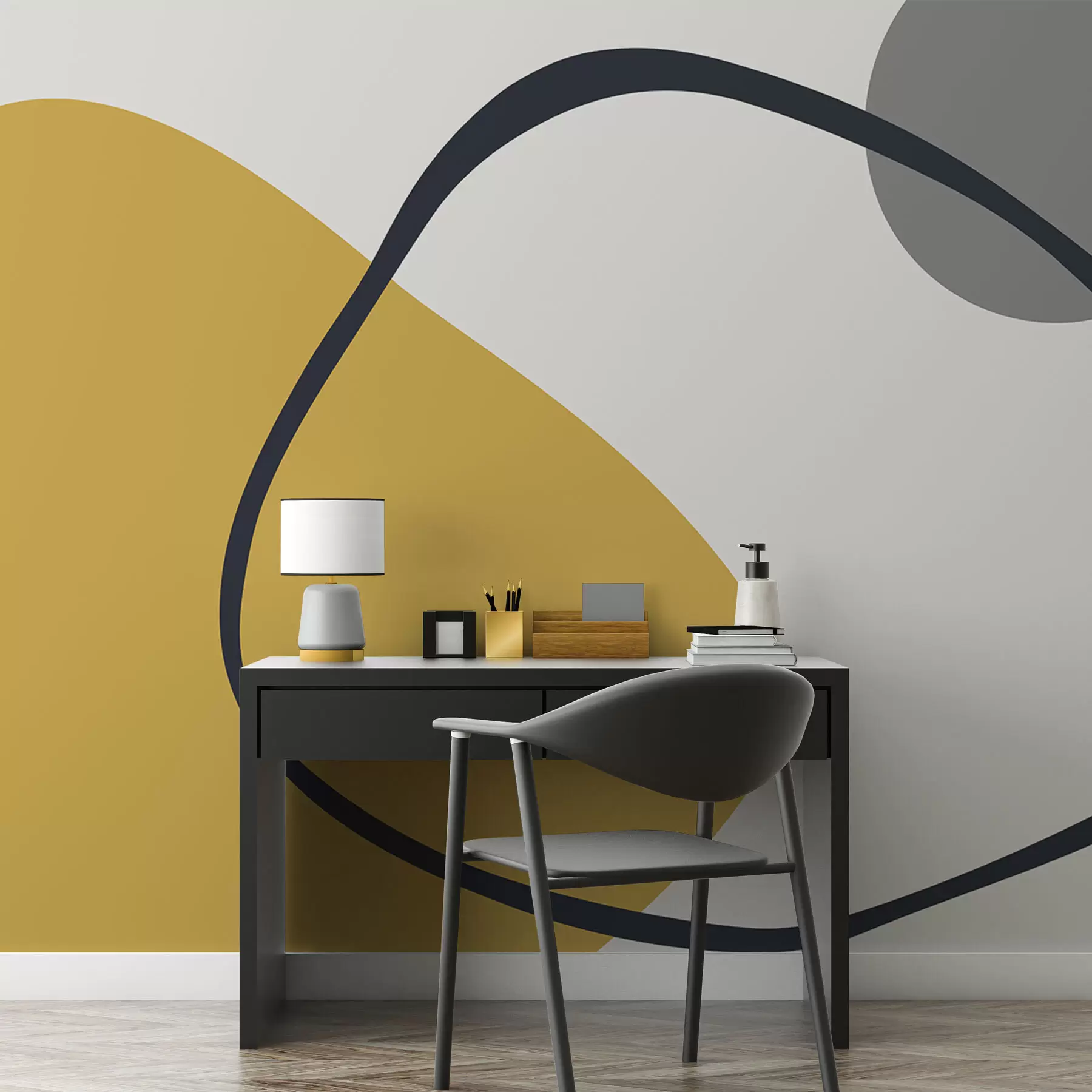 murais de parede Formas geométricas em amarelo e cinza em um fundo claro w01687