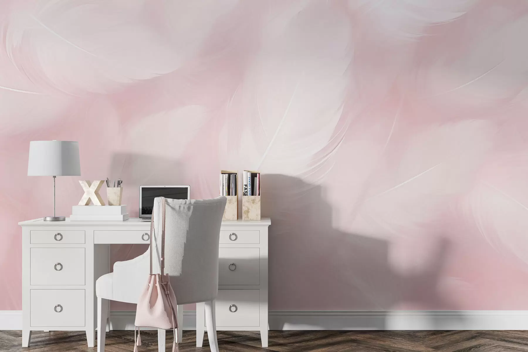 murais de parede Penas fofas em um fundo rosa w01703