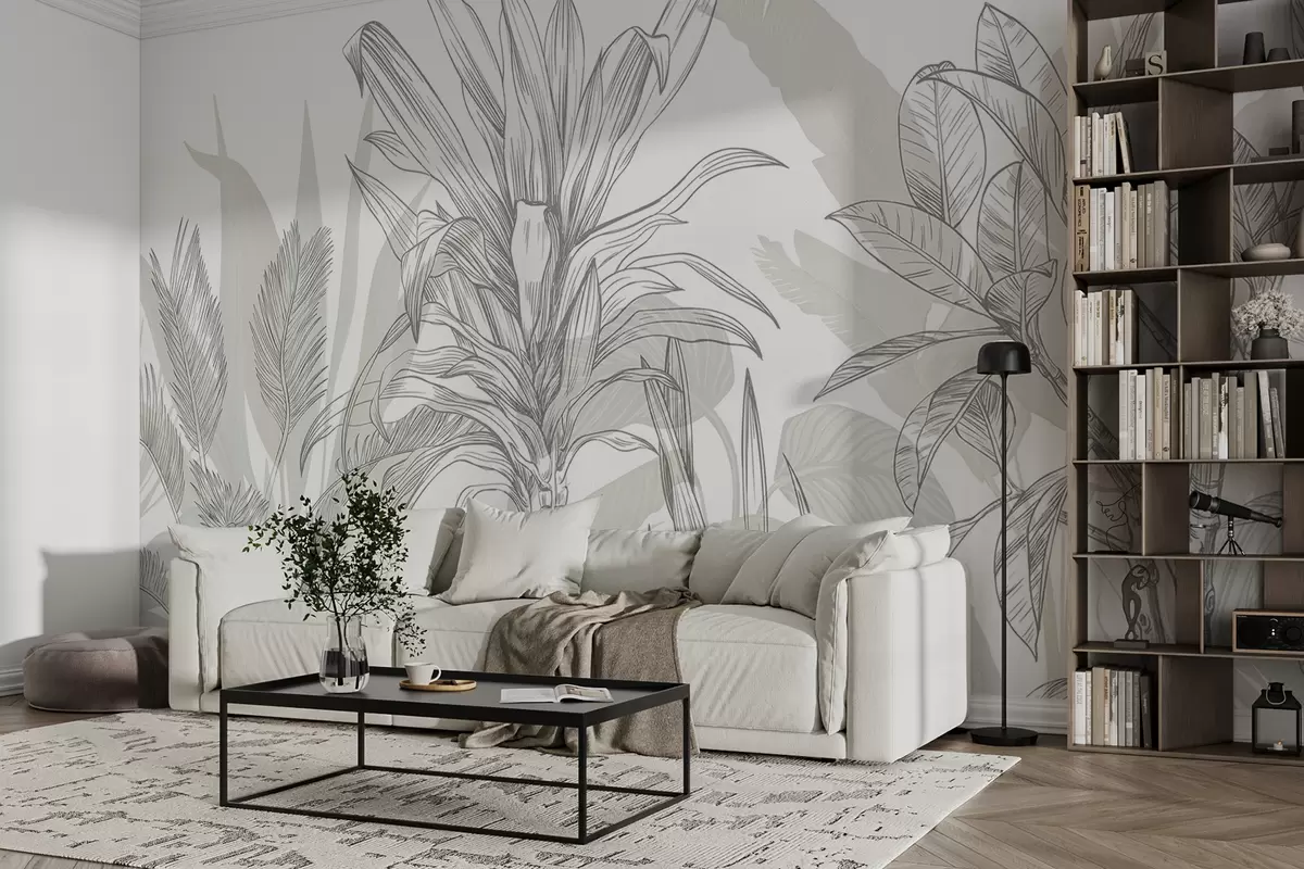 murais de parede Plantas gráficas tropicais com folhas grandes e exuberantes e flores em tons de cinza e branco com silhuetas verdes florais  w08327