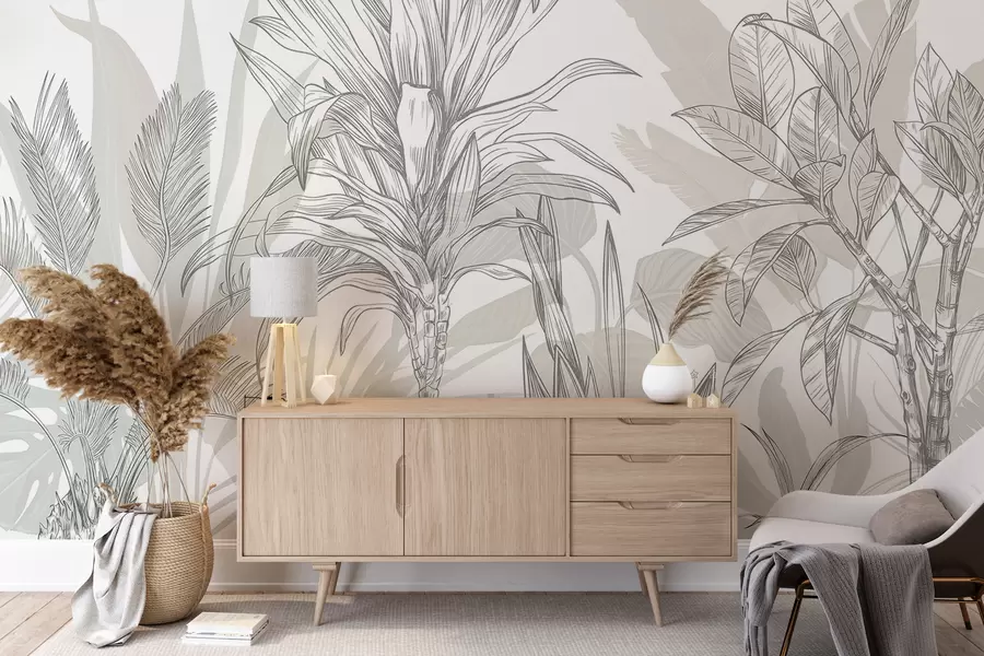 murais de parede Plantas gráficas tropicais com folhas grandes e exuberantes e flores em tons de cinza e branco com silhuetas verdes florais  w08327