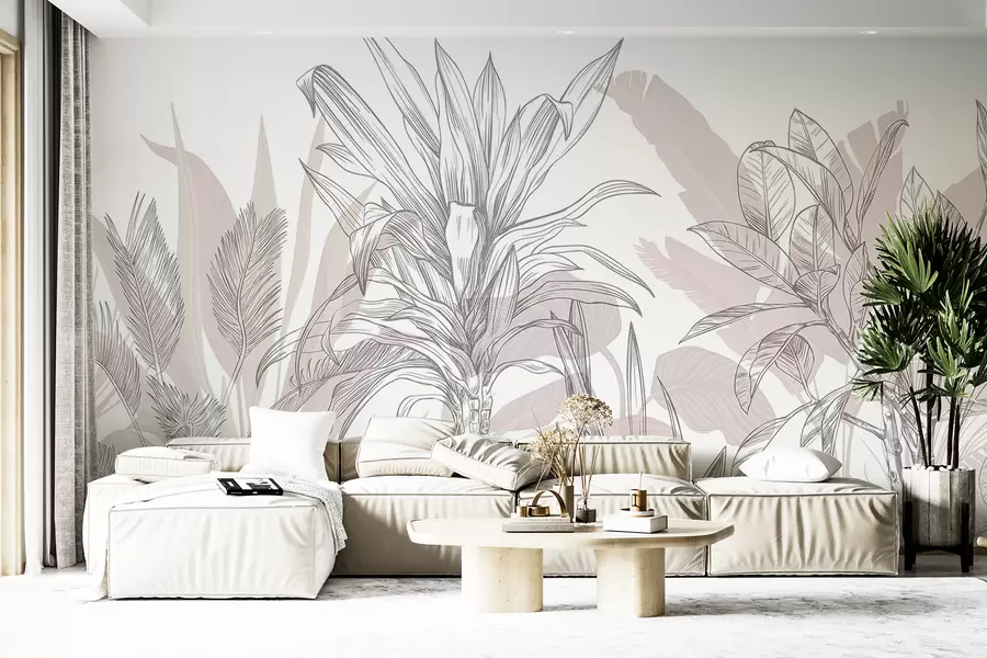 murais de parede Plantas gráficas tropicais com folhas grandes e exuberantes e flores em tons de cinza e branco com silhuetas florais rosa  w08327v1