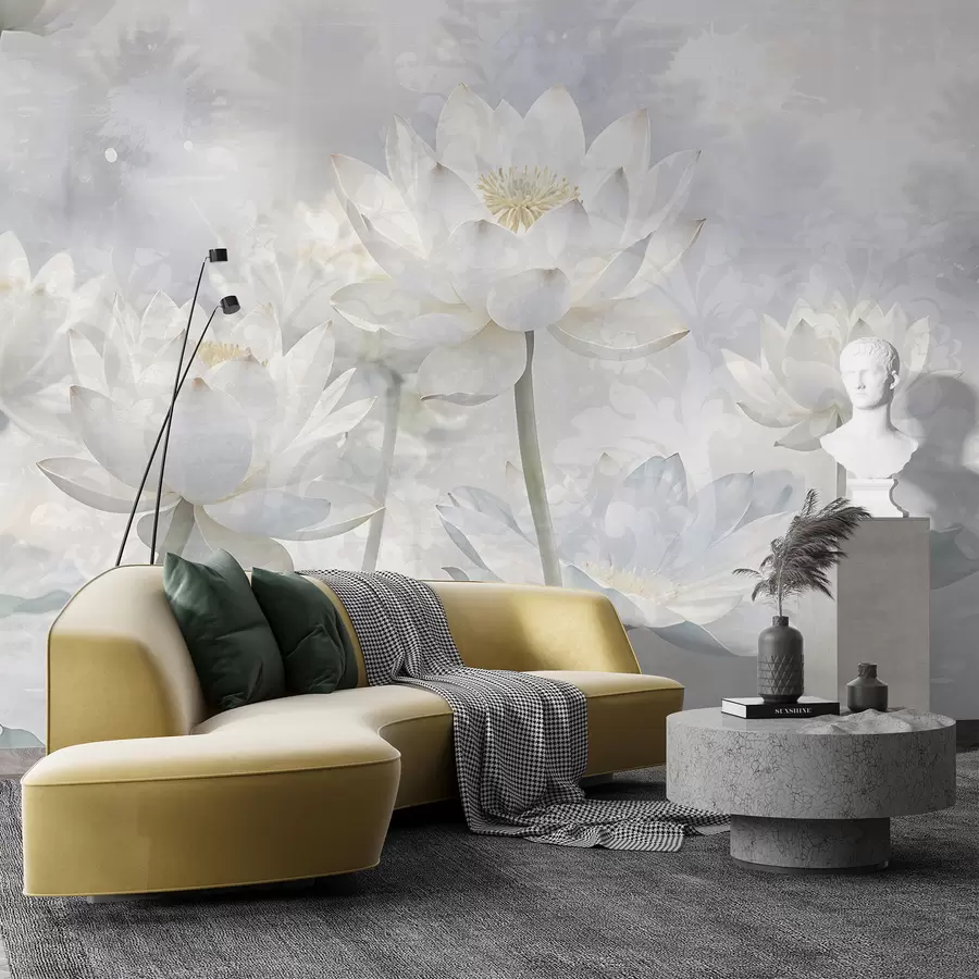 murais de parede Flores de lótus brancas em um fundo de paisagem pastel abstrata etérea e enevoada w08328