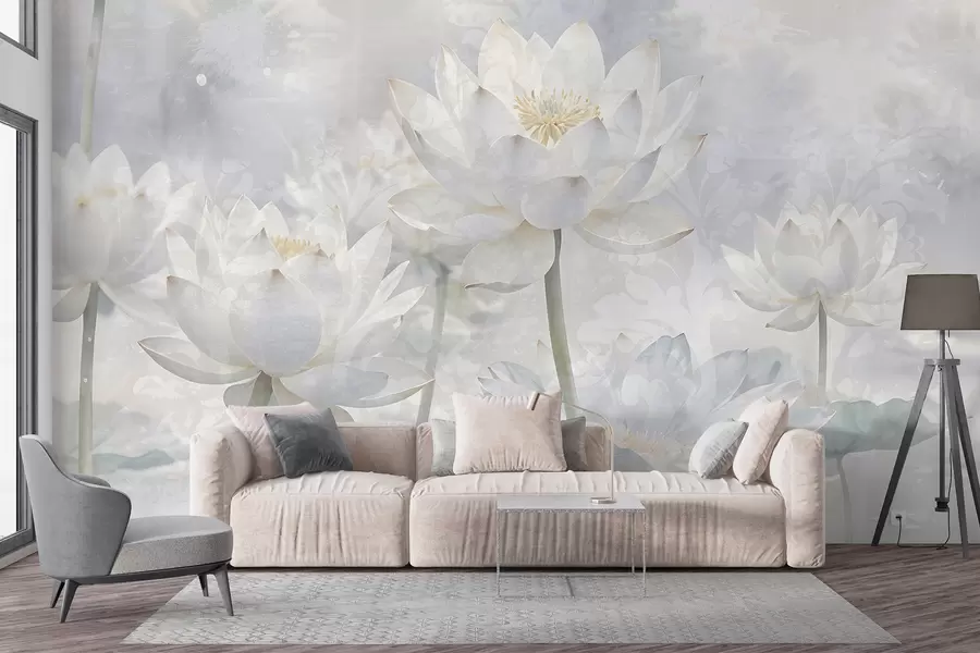murais de parede Flores de lótus brancas em um fundo de paisagem pastel abstrata etérea e enevoada w08328