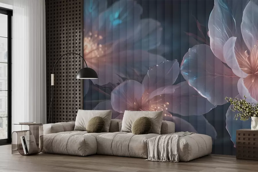 murais de parede Delicadas flores transparentes em rosa e azul com pétalas suaves e desfocadas e centros brilhantes em um fundo escuro w08329