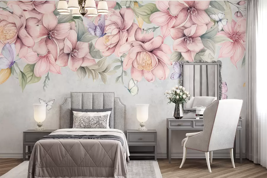 murais de parede Florais em rosa suave e branco com flores e folhas delicadas em um fundo cinza texturizado w08331