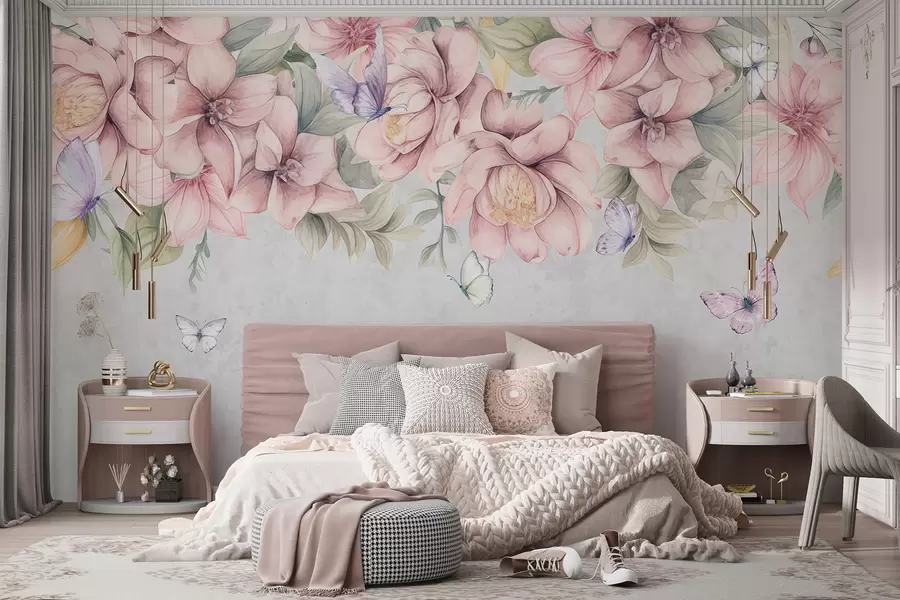 murais de parede Florais em rosa suave e branco com flores e folhas delicadas em um fundo cinza texturizado w08331
