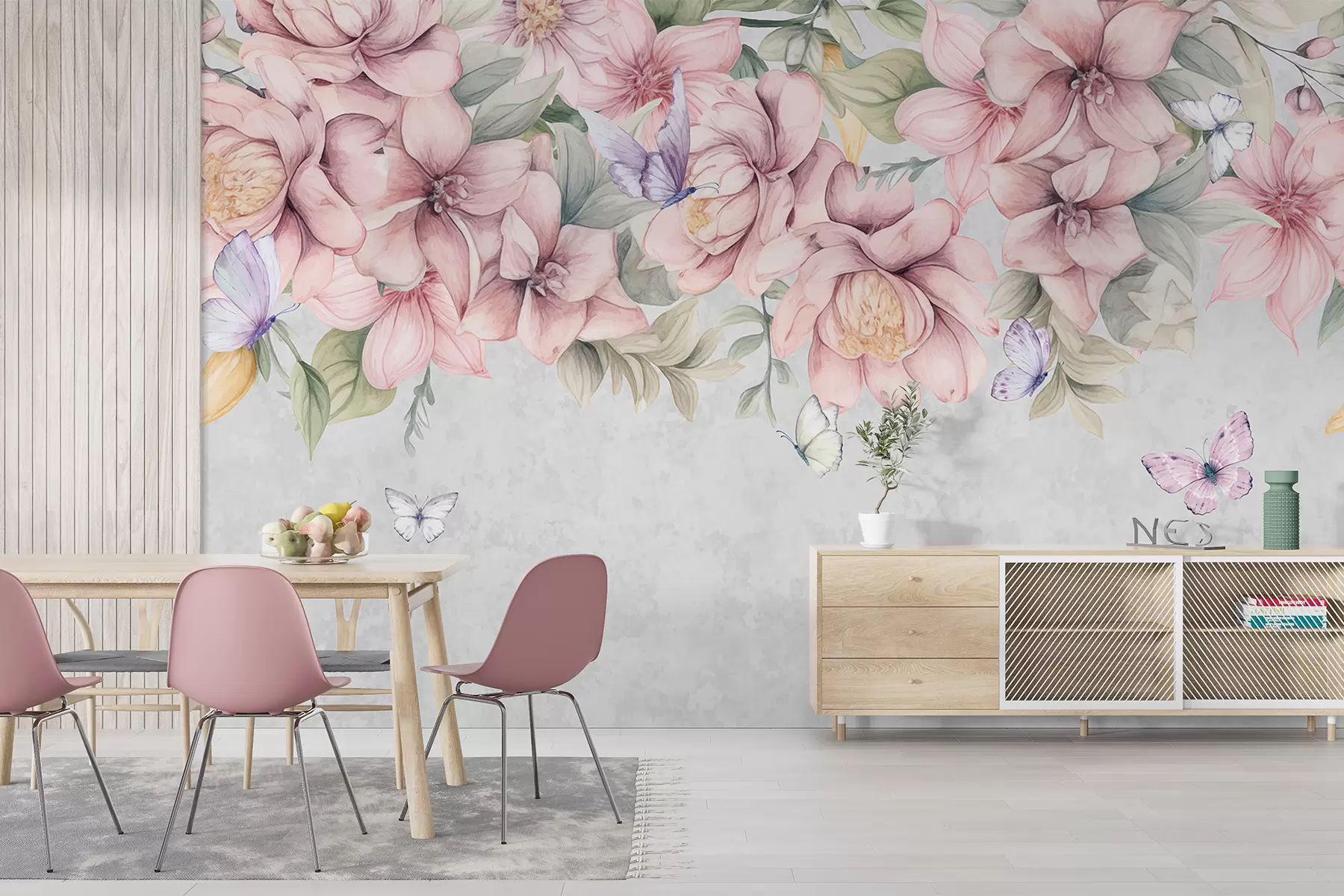 murais de parede Florais em rosa suave e branco com flores e folhas delicadas em um fundo cinza texturizado w08331