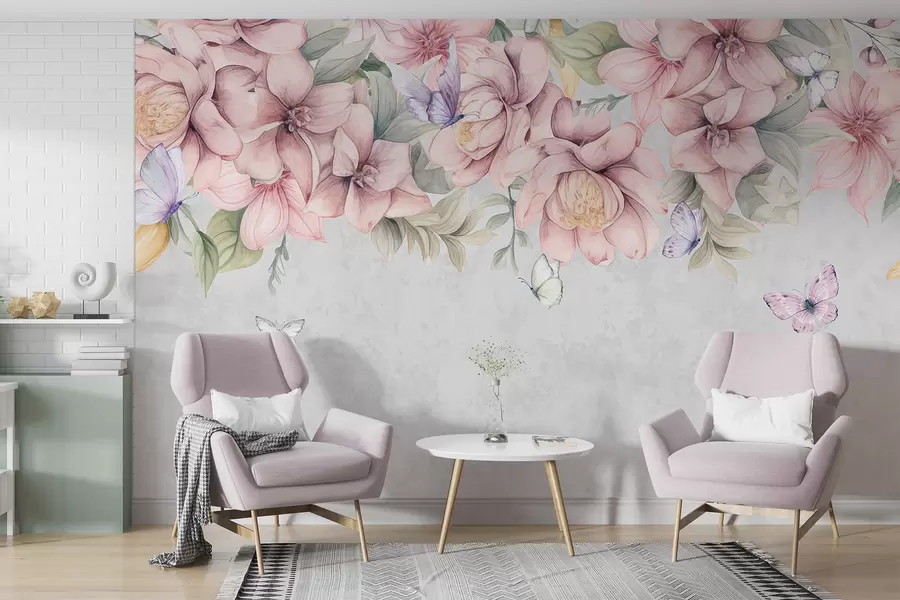 murais de parede Florais em rosa suave e branco com flores e folhas delicadas em um fundo cinza texturizado w08331