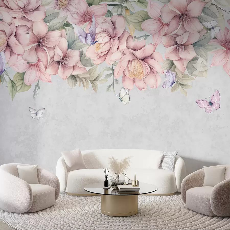 murais de parede Florais em rosa suave e branco com flores e folhas delicadas em um fundo cinza texturizado w08331