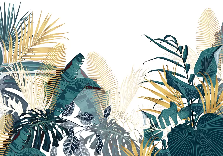 murais de parede Uma folhagem verde exuberante tropical, incluindo folhas de palmeira, samambaias e outras plantas exóticas nas cores verde escuro e laranja w08338