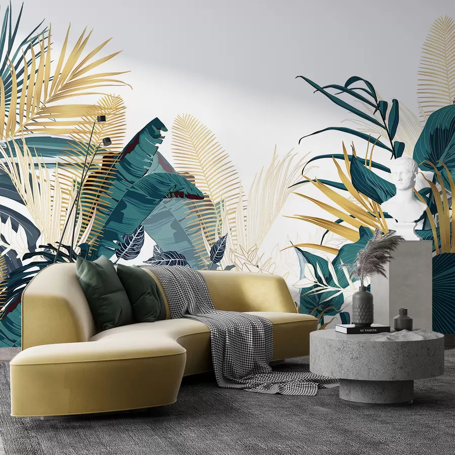murais de parede Uma folhagem verde exuberante tropical, incluindo folhas de palmeira, samambaias e outras plantas exóticas nas cores verde escuro e laranja w08338