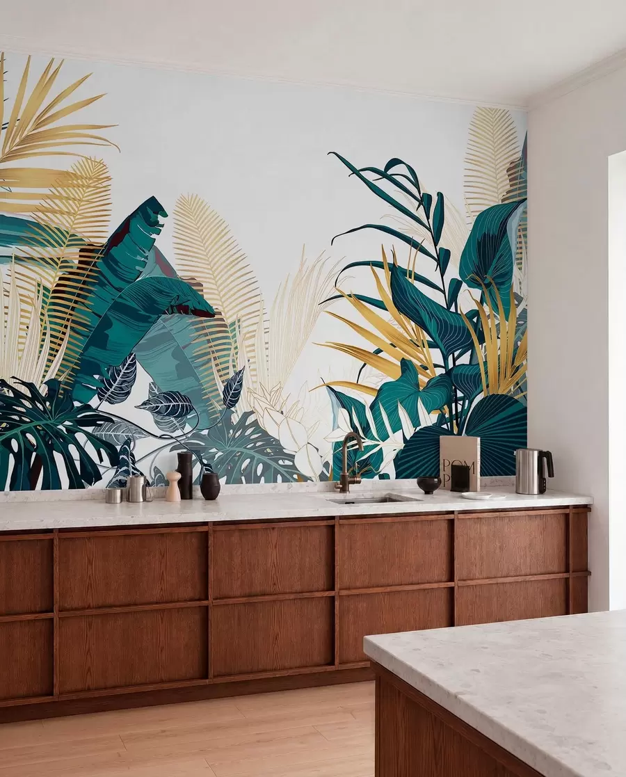 murais de parede Uma folhagem verde exuberante tropical, incluindo folhas de palmeira, samambaias e outras plantas exóticas nas cores verde escuro e laranja w08338