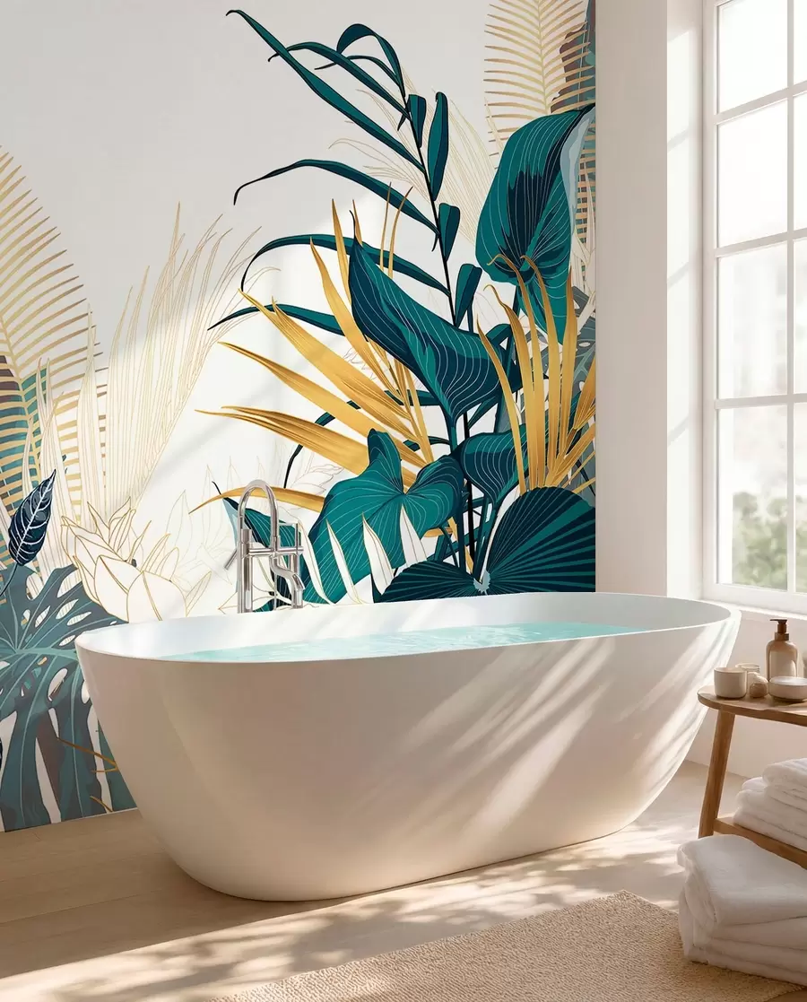 murais de parede Uma folhagem verde exuberante tropical, incluindo folhas de palmeira, samambaias e outras plantas exóticas nas cores verde escuro e laranja w08338