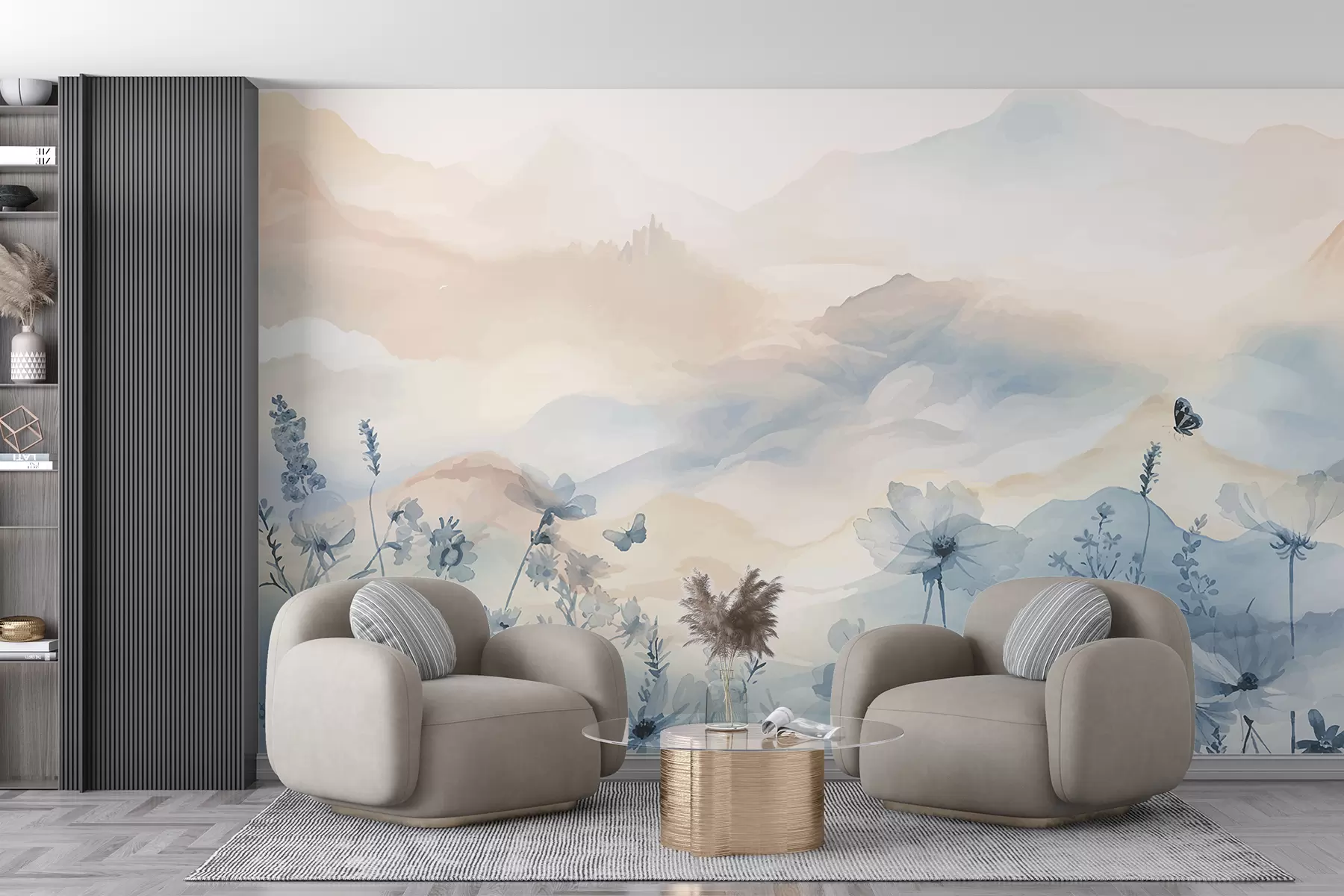 murais de parede Uma paisagem serena com uma cadeia de montanhas enevoadas ao fundo, cercada por um campo de delicadas flores azuis w08339