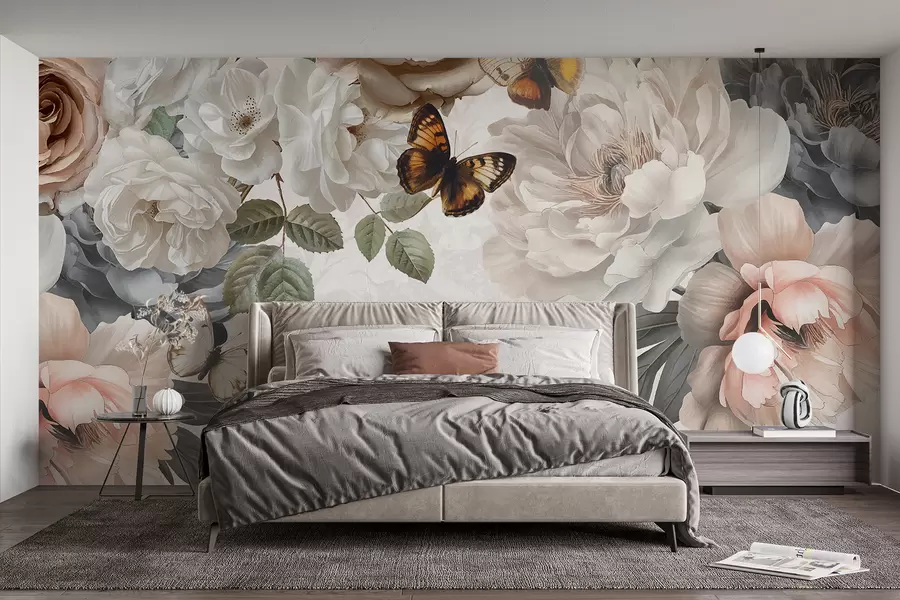 murais de parede Grandes flores de peônia branca e rosa com uma borboleta pousada em uma das flores em um fundo suave e desfocado w08340