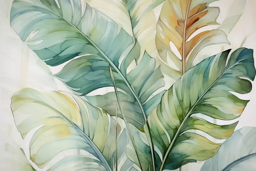 murais de parede Aquarela úmida de folhas de palmeira de banana tropical w01775