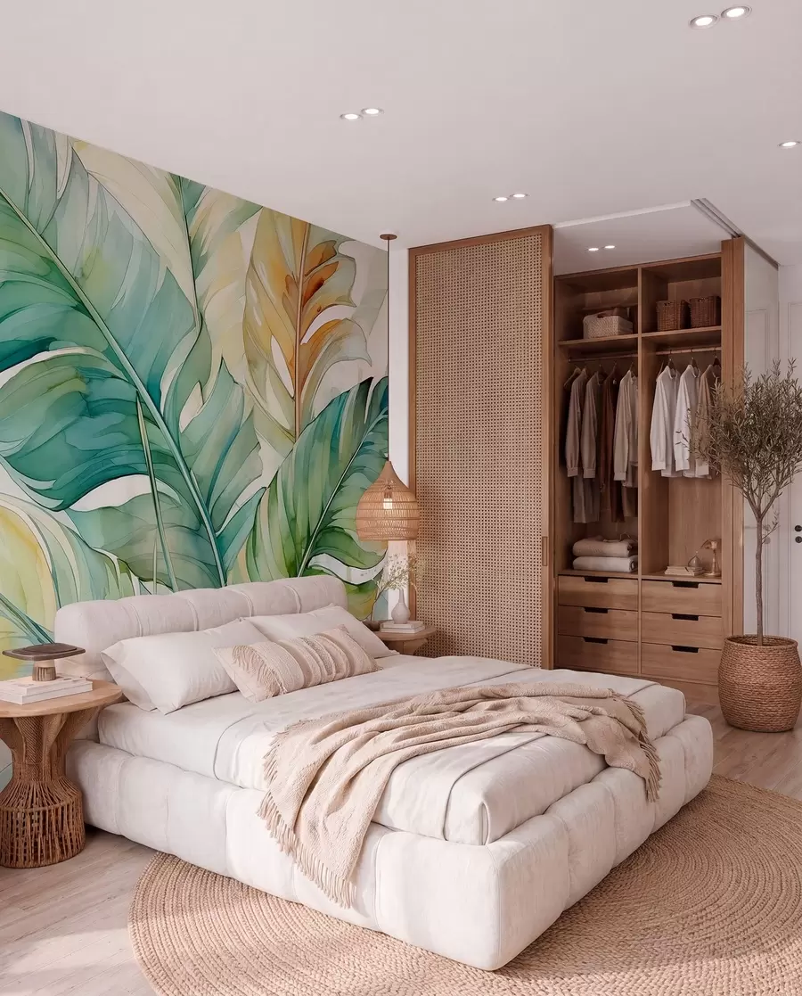 murais de parede Aquarela úmida de folhas de palmeira de banana tropical w01775