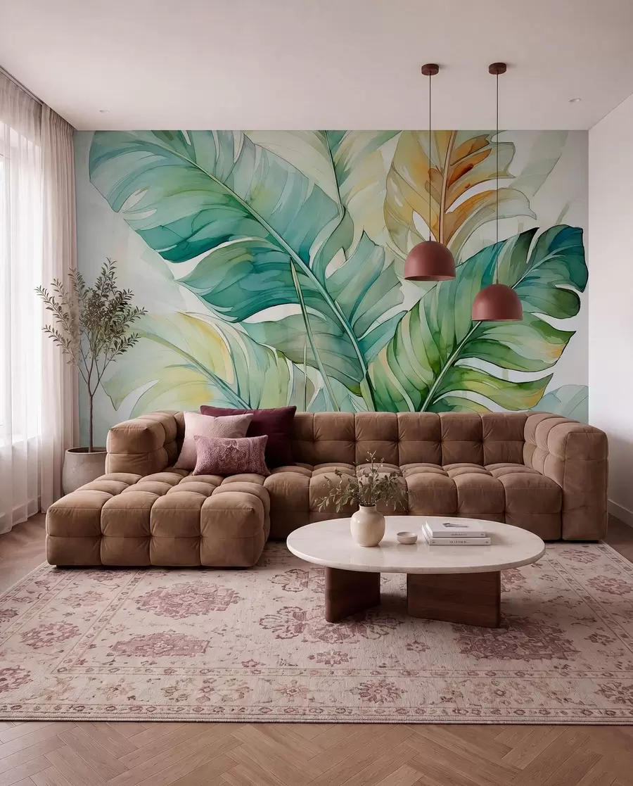 murais de parede Aquarela úmida de folhas de palmeira de banana tropical w01775
