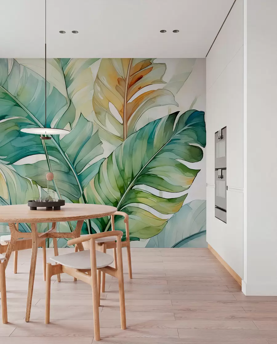 murais de parede Aquarela úmida de folhas de palmeira de banana tropical w01775