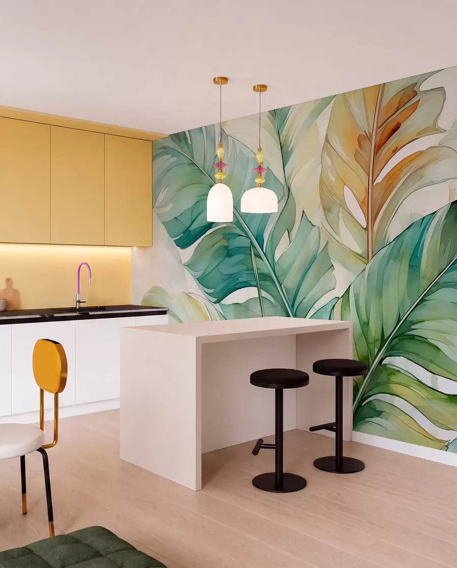 murais de parede Aquarela úmida de folhas de palmeira de banana tropical w01775