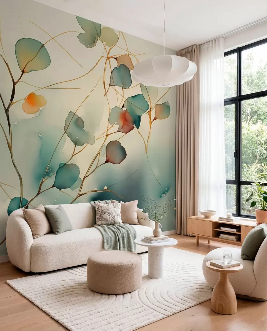 murais de parede Galhos abstratos com folhas em aquarela úmida desfocada w01779