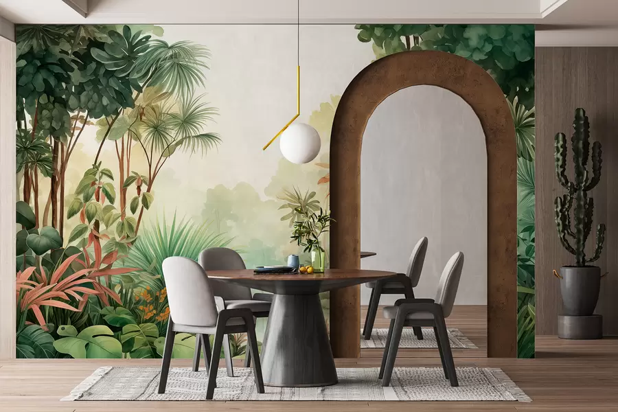 murais de parede Floresta de selva em aquarela, palmeiras, lago, vegetação w01784