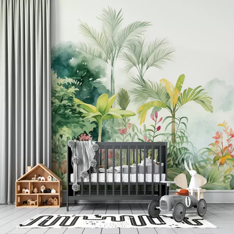 murais de parede Floresta na selva, aquarela, palmeiras, floral, cores suaves w01785
