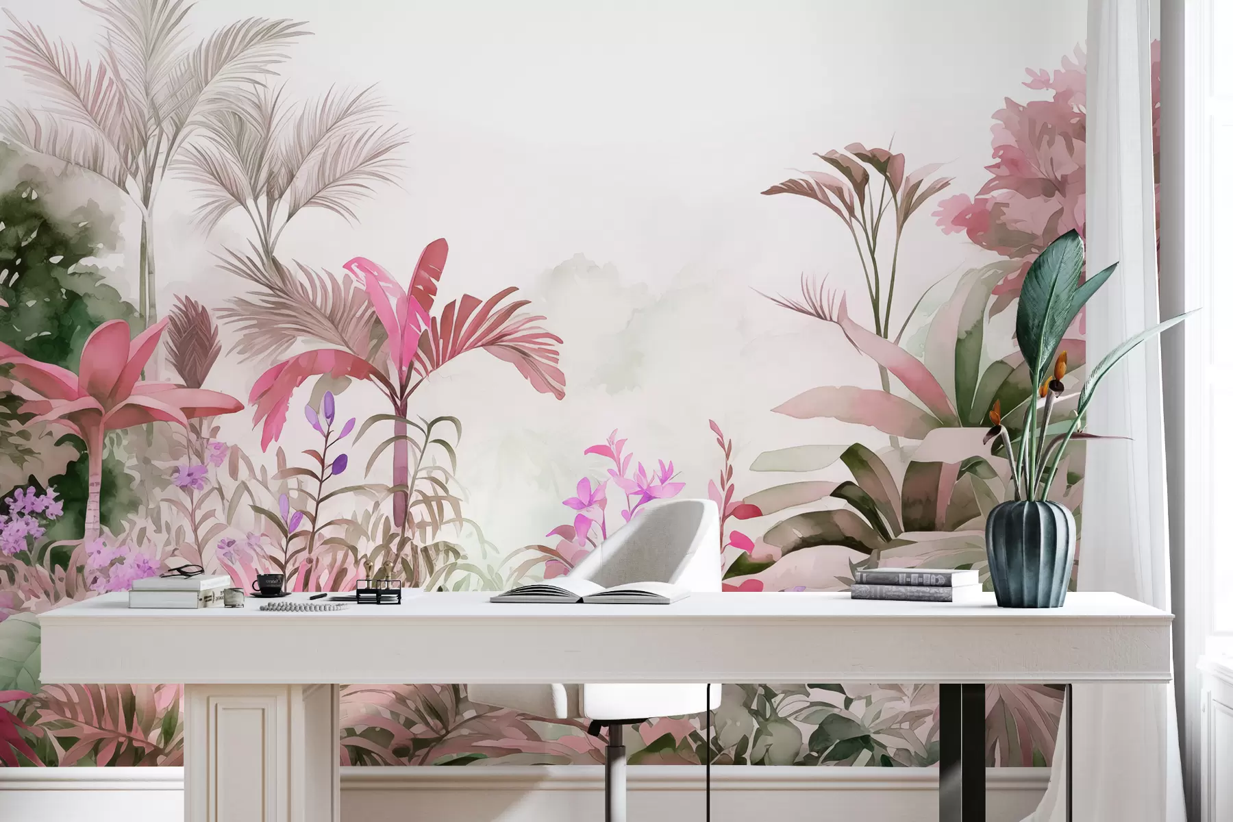 murais de parede Floresta na selva, aquarela, palmeiras, floral, cores rosa w01785v1