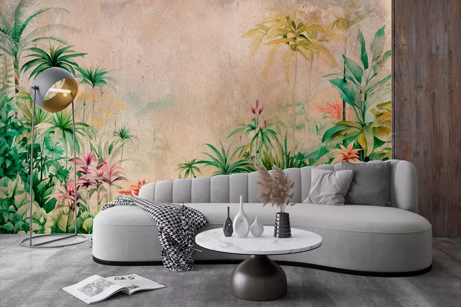 murais de parede Floresta na selva, aquarela, palmeiras, floral, fundo bege  w01788