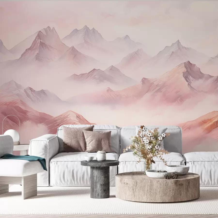 murais de parede Montanhas com nuvens, aquarela, cores bege e rosa suaves w01790