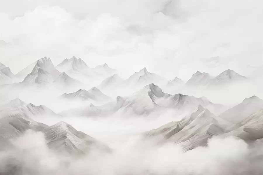 murais de parede Montanhas com nuvens, aquarela, tons suaves de cinza w01790v1