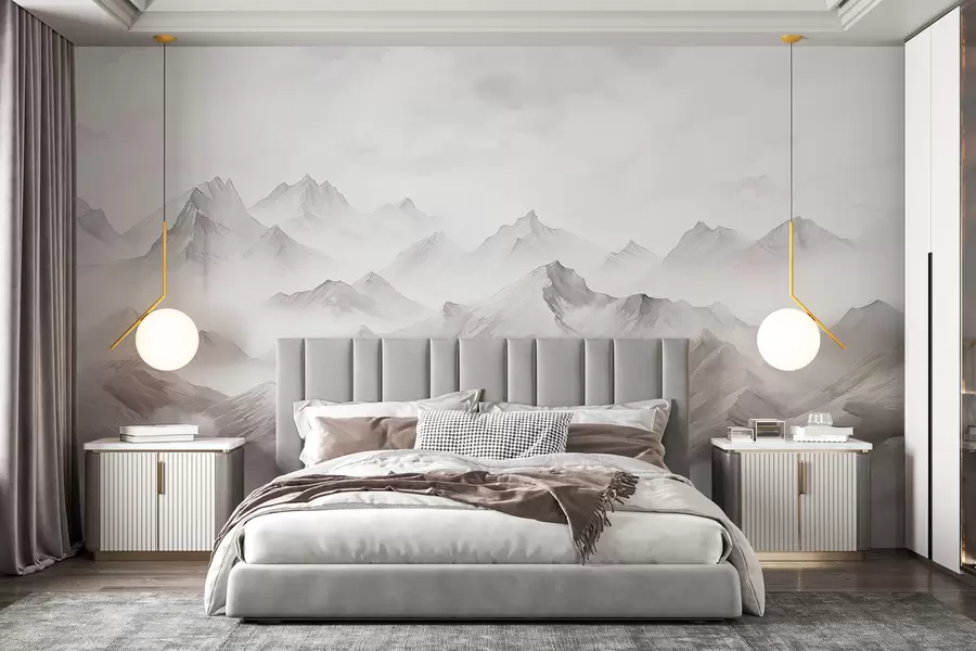 murais de parede Montanhas com nuvens, aquarela, tons suaves de cinza w01790v1