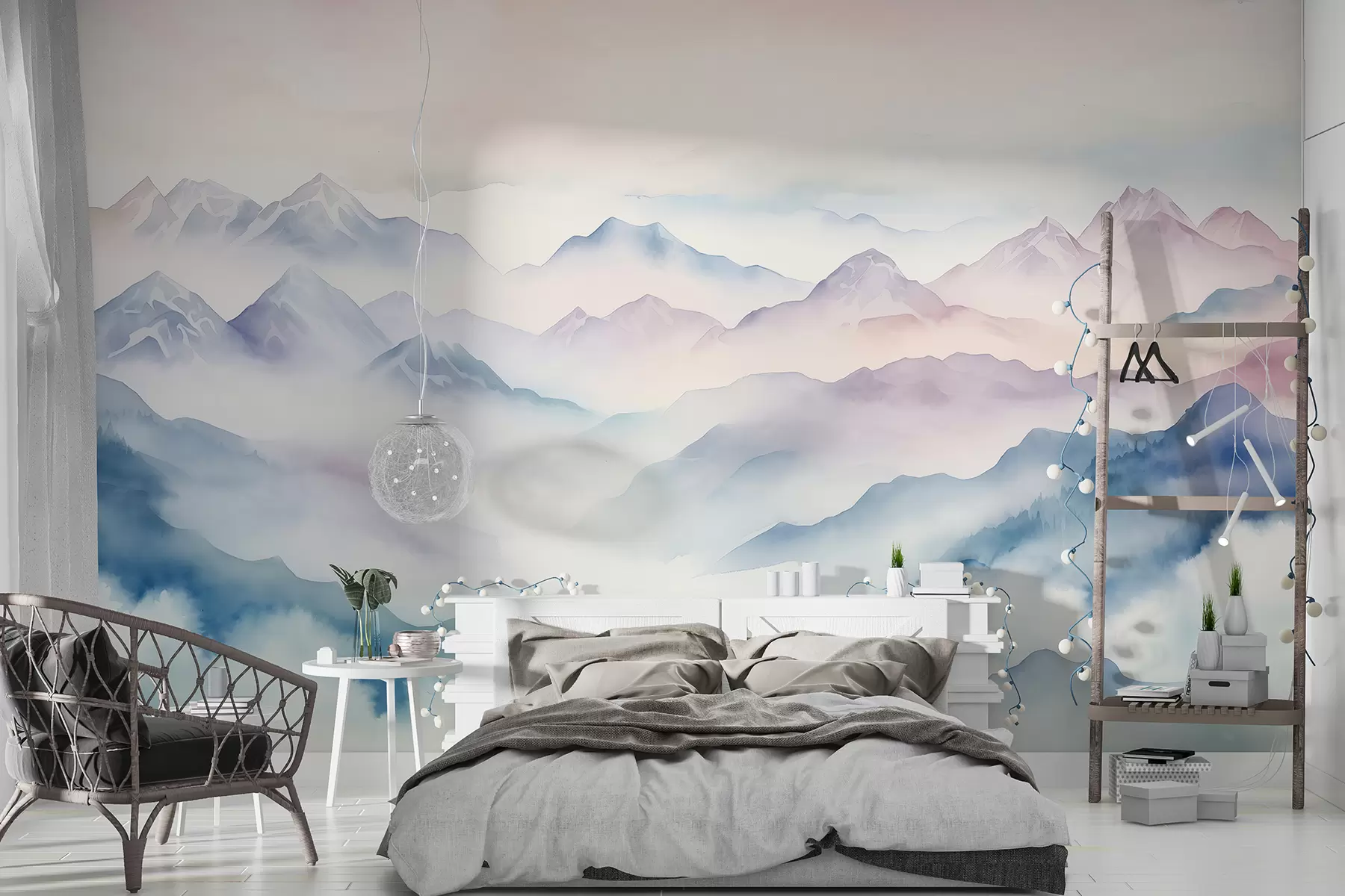 murais de parede Paisagem de montanhas etéreas, nuvens, aquarela w01791