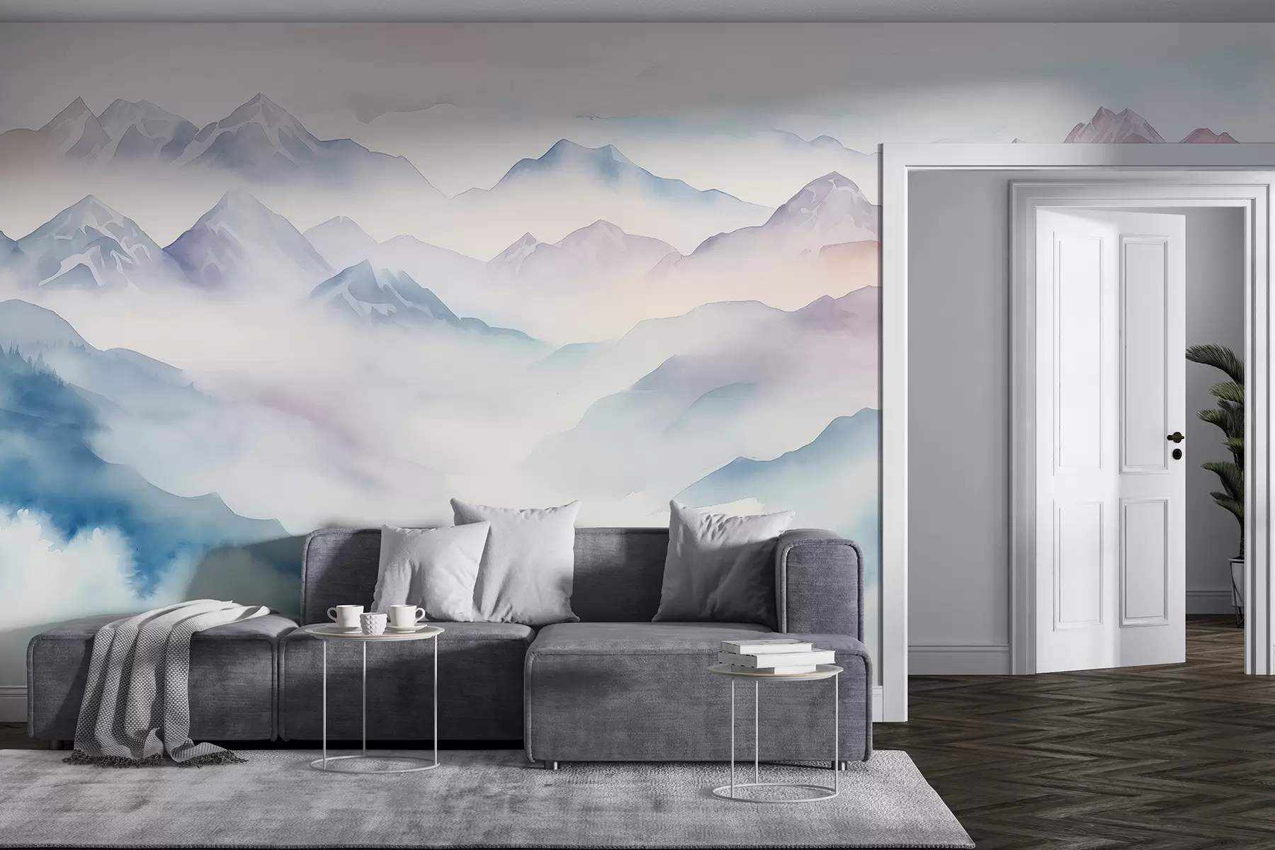 murais de parede Paisagem de montanhas etéreas, nuvens, aquarela w01791